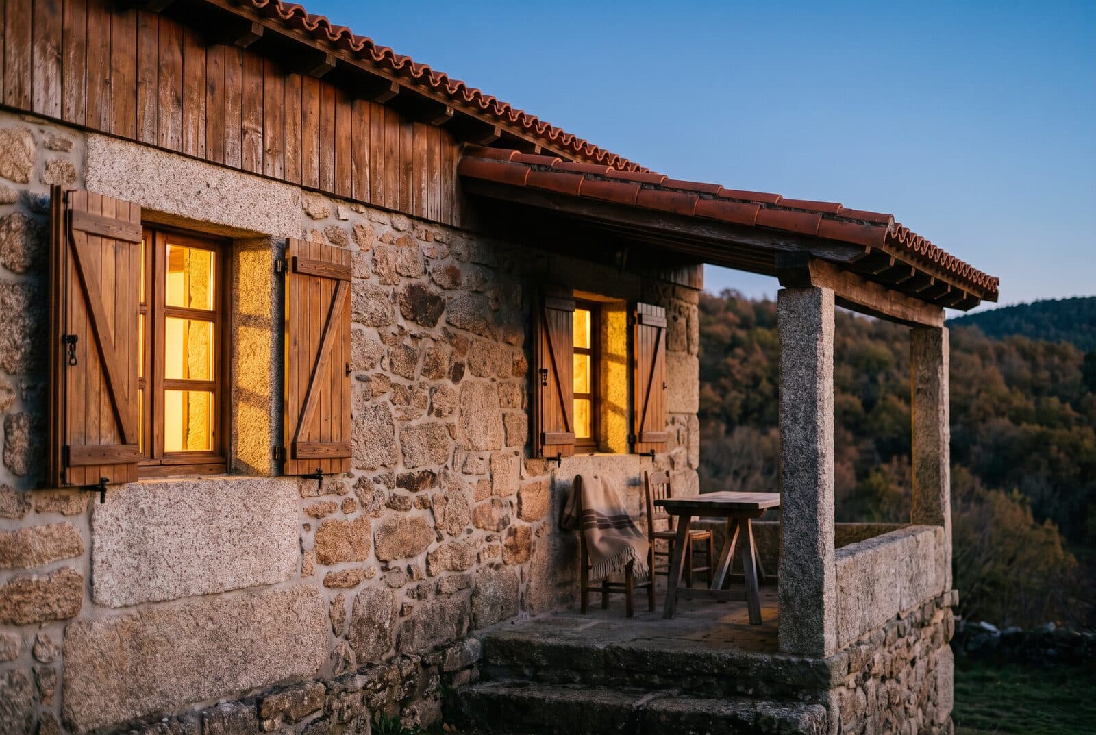 Casa rural de piedra al atardecer, con las ventanas encendidas y un porche con mesa de madera